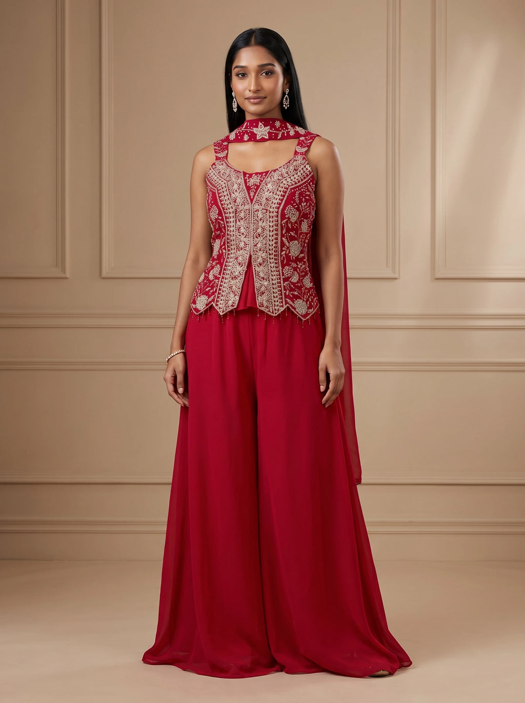 Model wearing deep pink georgette floral stone embroidered sharara set with matching dupatta