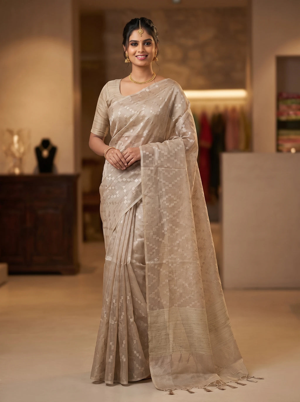 Model wearing a linen-colour kota tissue saree with geometric zari embroidery and tasselled pallu