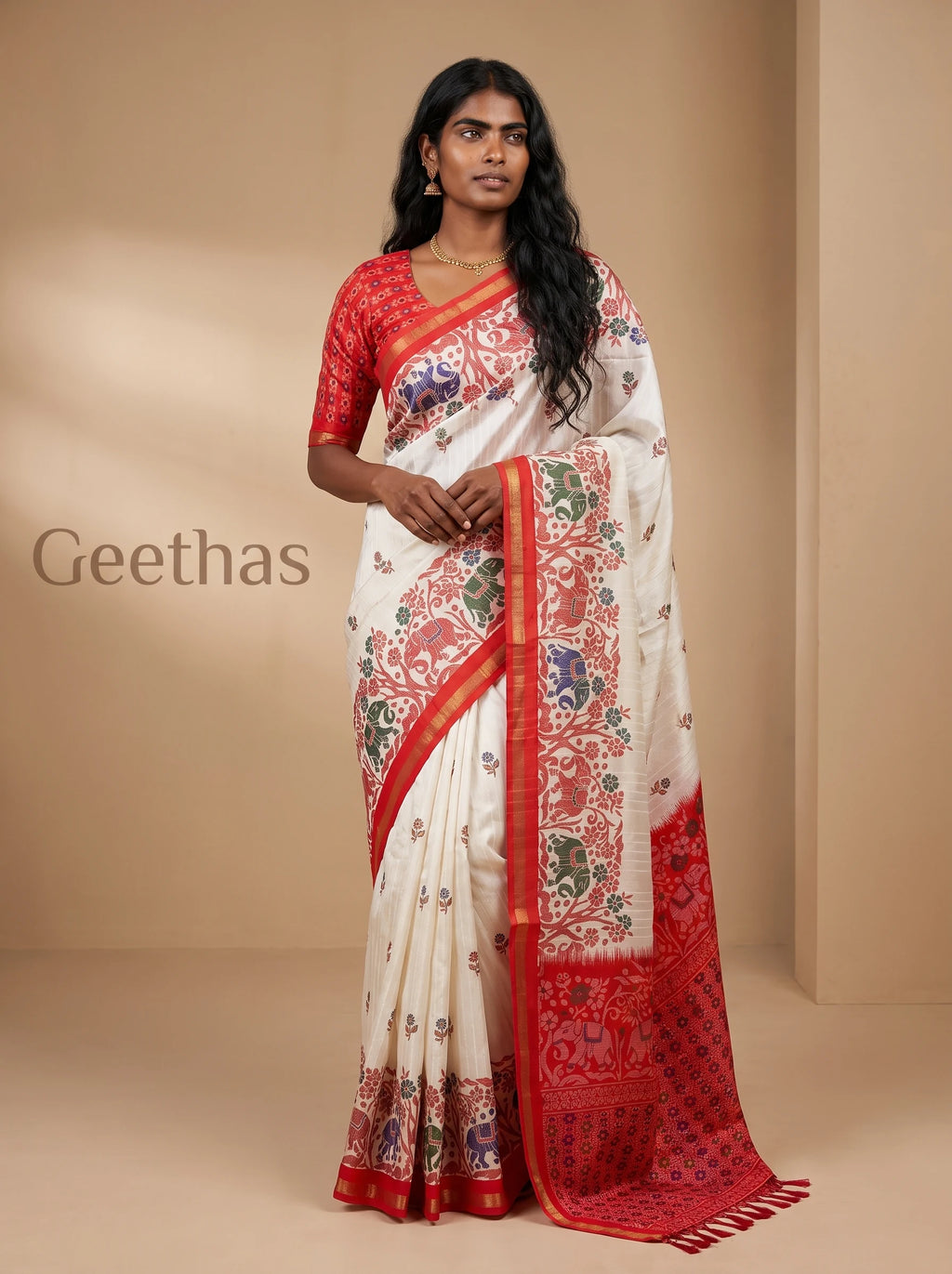 Model wearing a white and red printed slub linen saree with floral and elephant motifs and tasselled pallu