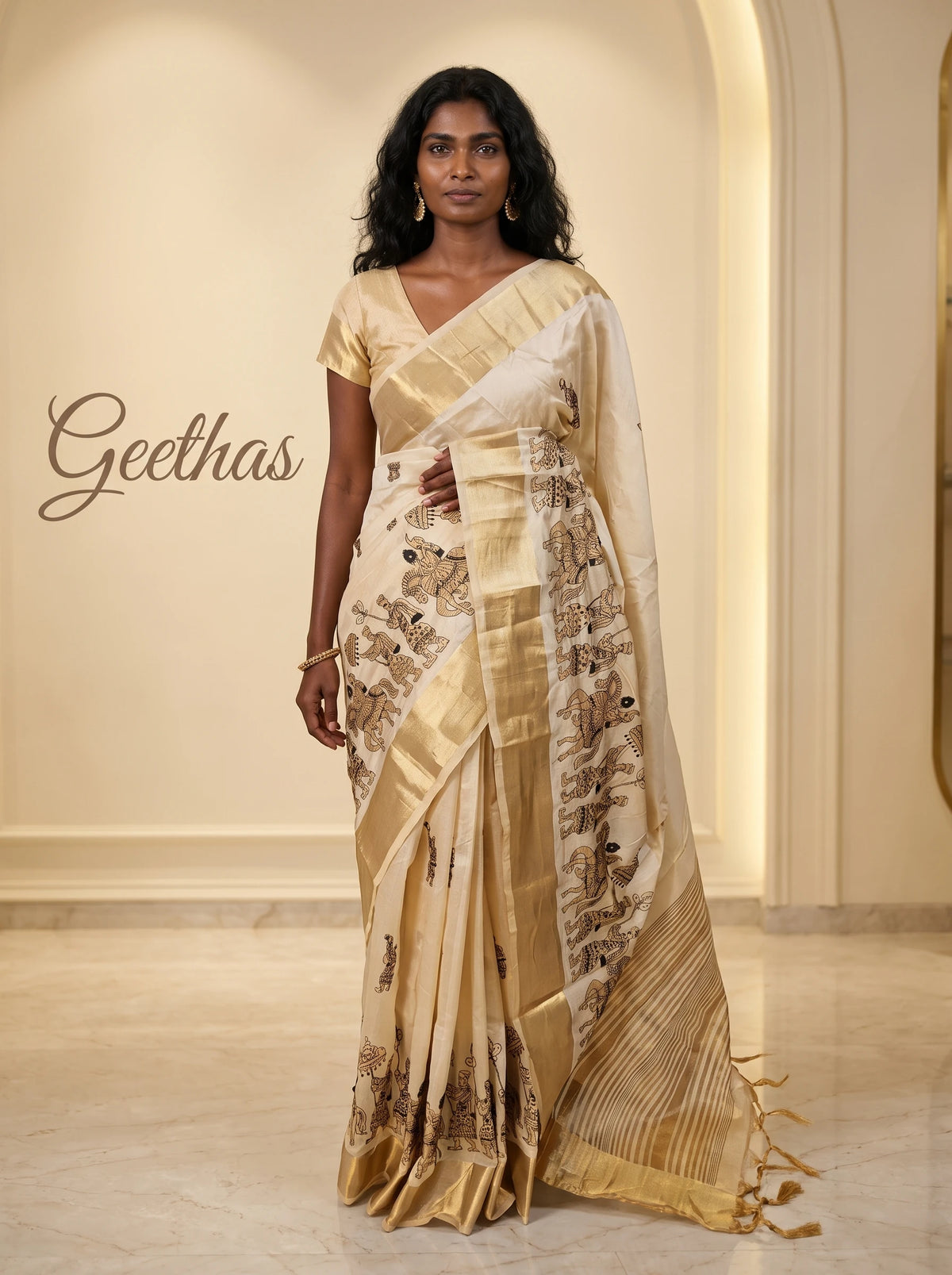 Model wearing an off-white semi tussar silk saree with Rajasthani folk motif embroidery and gold-toned border