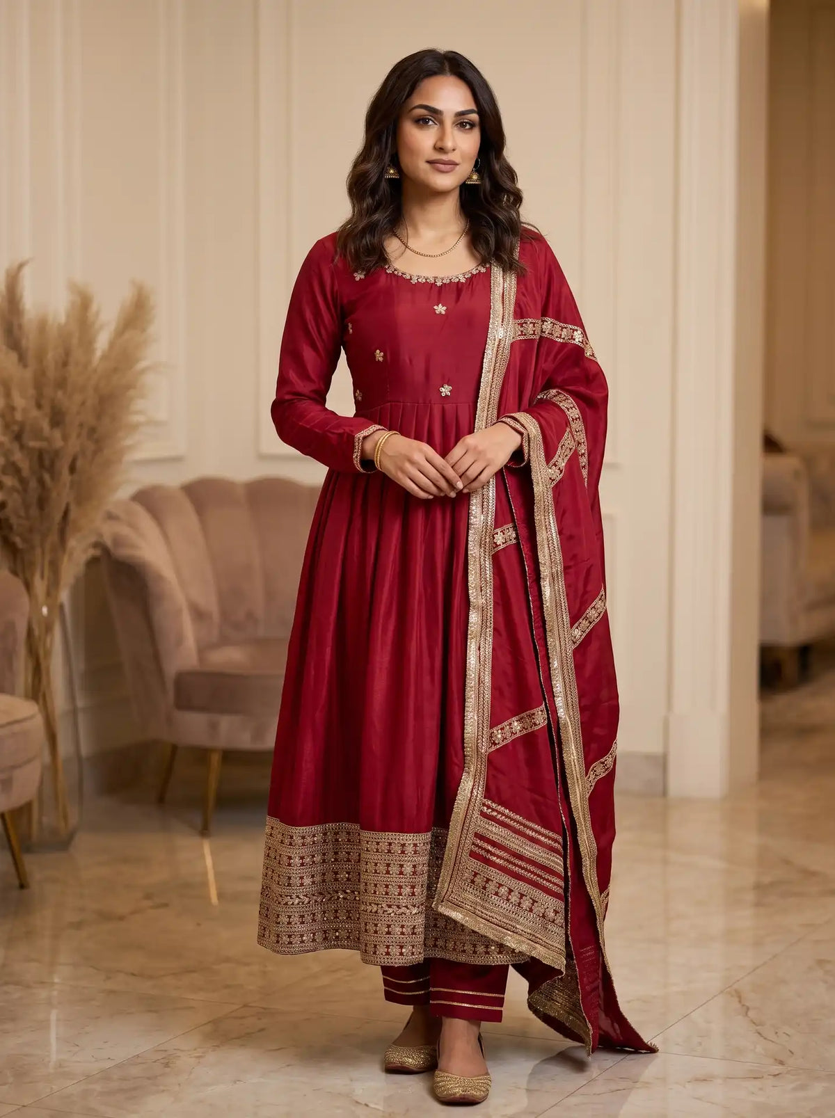Ruby Red Embellished 3 Piece Anarkali Suit Set with Matching Dupatta