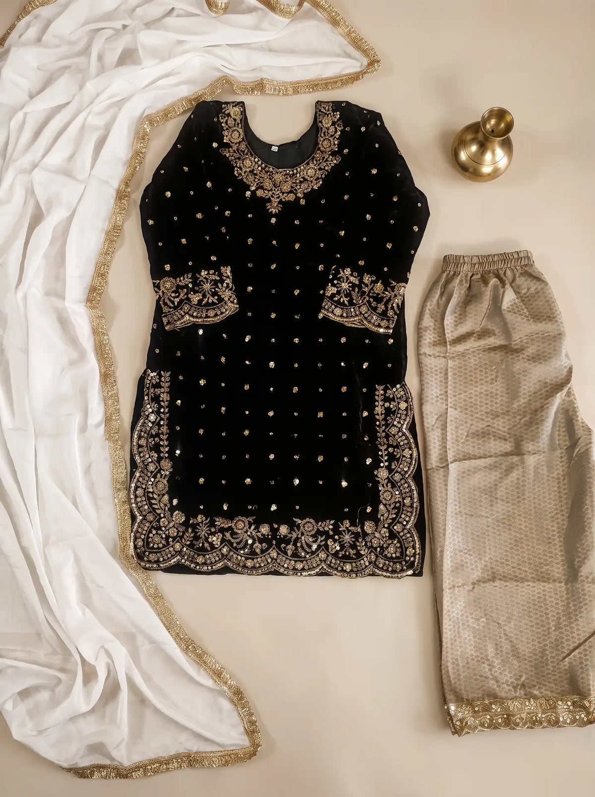 Black Velvet Embellished 3 Piece Kurta Suit Set with White Dupatta