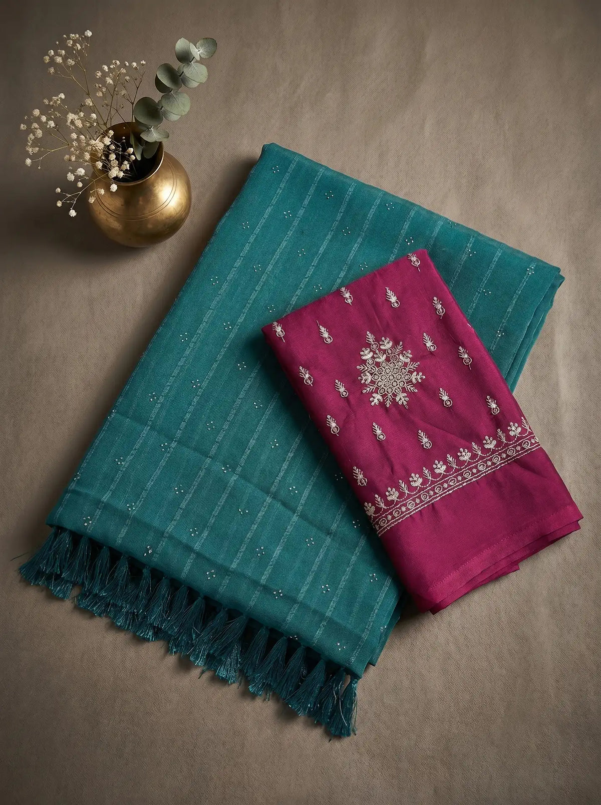 Teal Blue Georgette Stone Work Saree with Contrast Magenta Blouse