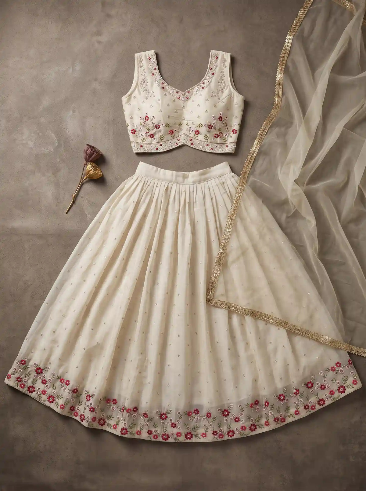 Ivory Ready to Wear Cotton Silk Floral Embroidered Lehenga Set