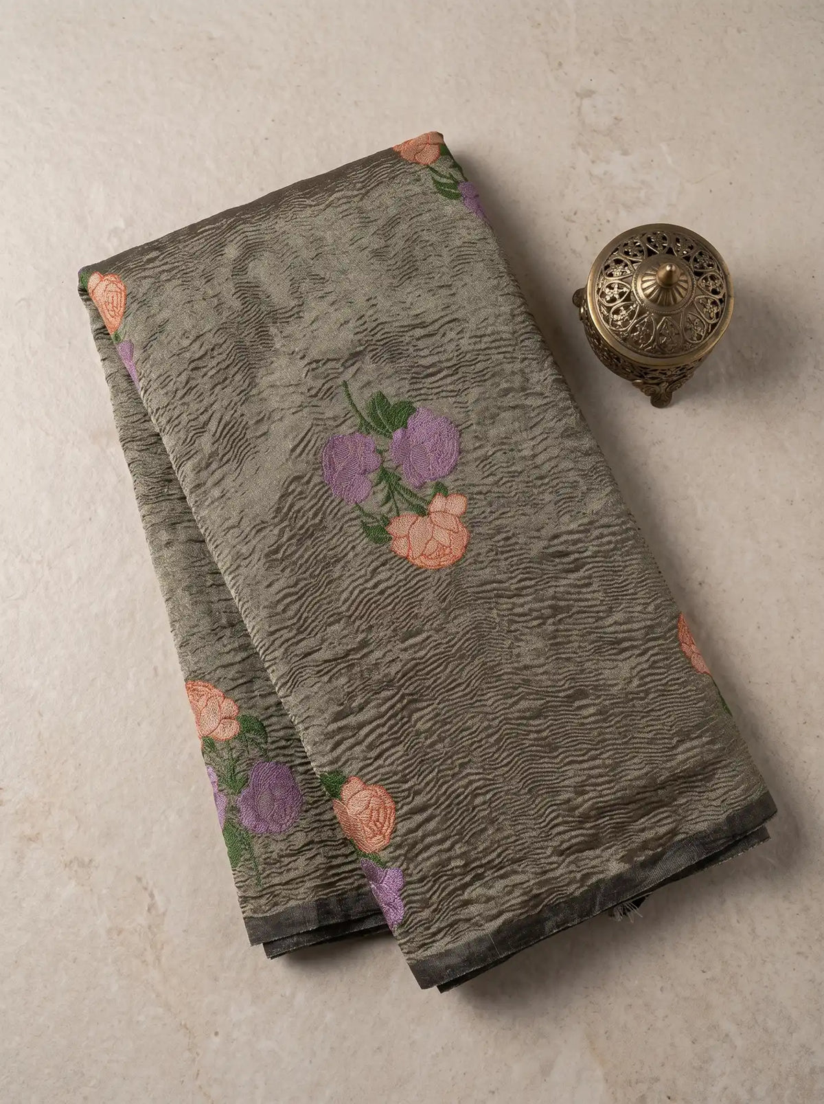 Taupe Grey Crushed Tissue Silk Floral Saree with Matching Taupe Grey Blouse